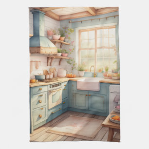 Watercolor Painting of Farmhouse Kitchen Kitchen Towel