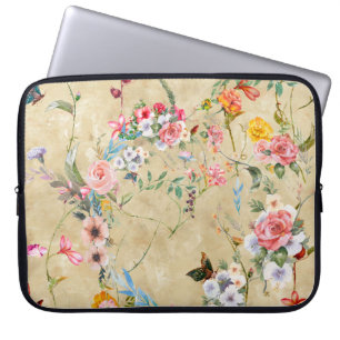 Watercolor painting of leaf and flowers, seamless  laptop sleeve