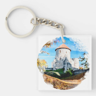 Watercolor painting of medieval castle in autumn keychain