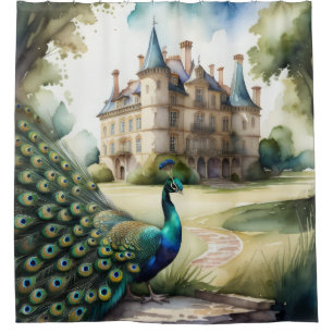 Watercolor Painting of Peacock and Chateau