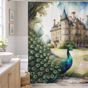Watercolor Painting of Peacock and Chateau