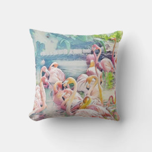 Watercolor Painting of Pink Flamingos in the Water Throw Pillow