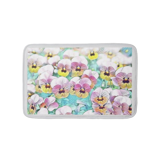 Watercolor painting of pink yellow white pansies   bath mat (Front)