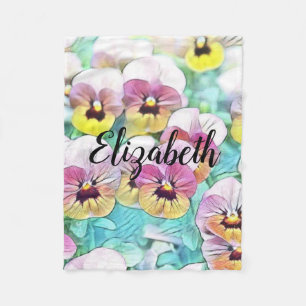 Watercolor painting of pink yellow white pansies  fleece blanket