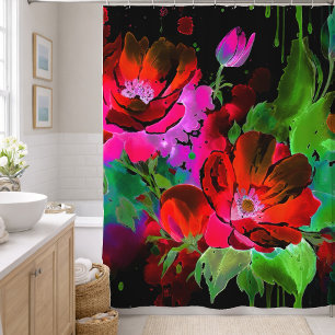 Watercolor Painting of Red Flowers on Black