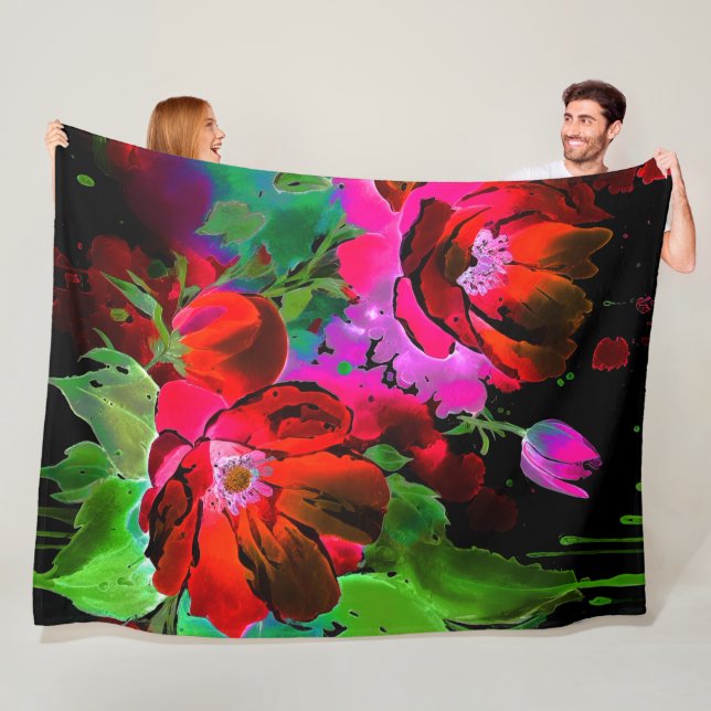 Watercolor Painting of Red Flowers on Black Fleece Blanket (In Situ)