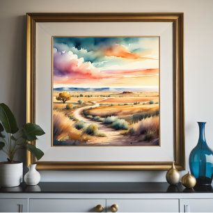 Watercolor Painting of Rural Landscape Poster