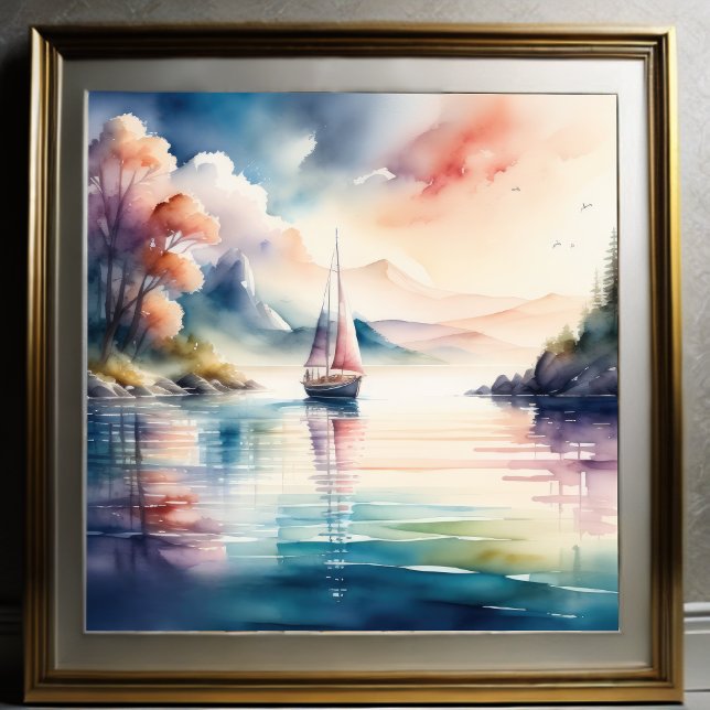 Watercolor Painting of Sailboat on Lake Poster (Creator Uploaded)