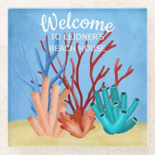 Watercolor painting of sea corals glass coaster