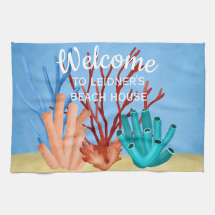 Watercolor painting of sea corals kitchen towel