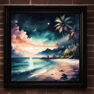 Watercolor Painting of Tropical Beach at Night Poster