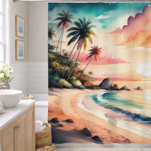 Watercolor Painting of Tropical Beach Sunset