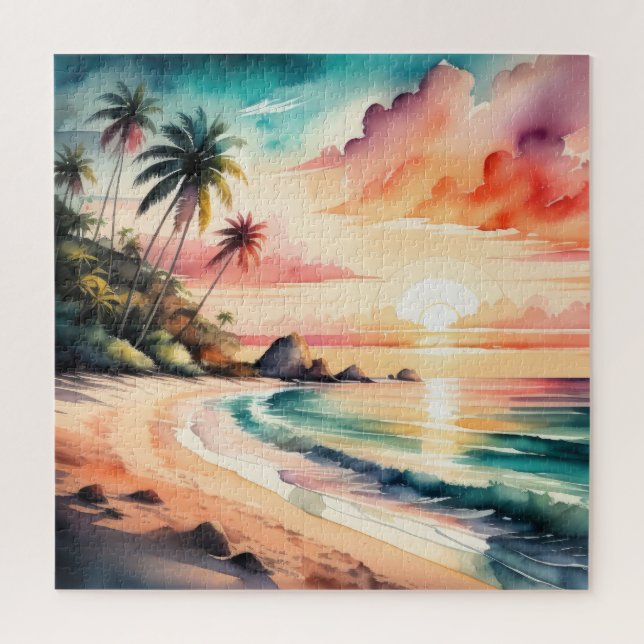 Watercolor Painting of Tropical Beach Sunset Jigsaw Puzzle (Vertical)