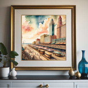 Watercolor Painting of Vintage Shoreline Boardwalk Poster