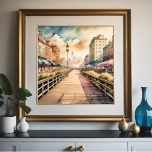 Watercolor Painting of Vintage Shoreline Boardwalk Poster