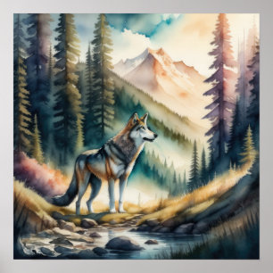 Watercolor Painting of Wolf in Forest 1:1 Poster