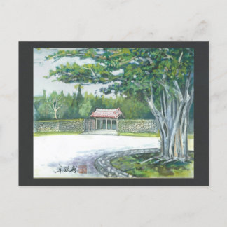 Watercolor painting postcard Okinawa Banyan Gate