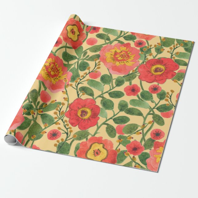Watercolor painting retro floral seamless pattern wrapping paper (Unrolled)
