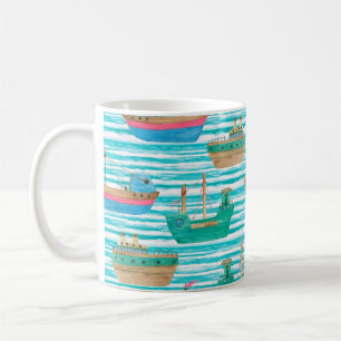 Watercolor painting seamless pattern with boats on coffee mug