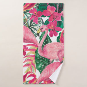 Watercolor painting seamless pattern with flamingo bath towel