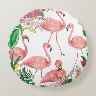 Watercolor painting seamless pattern with flamingo round pillow