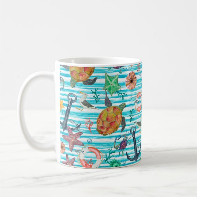 Watercolor painting seamless pattern with turtles, coffee mug (Left)