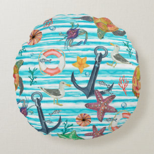 Watercolor painting seamless pattern with turtles, round pillow