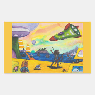 Watercolor Painting Spaceship Planet Spaceport Gun Sticker