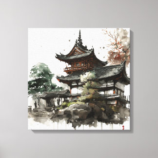 Watercolor painting style of a japanese temple canvas print