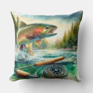 Watercolor Painting Trout Fly Fishing Throw Pillow