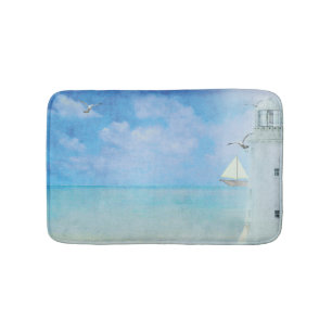 watercolor painting-white lighthouse with sailboat bath mat