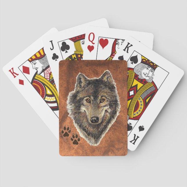 Watercolor Painting Wolf with Animal Tracks Playing Cards (Back)