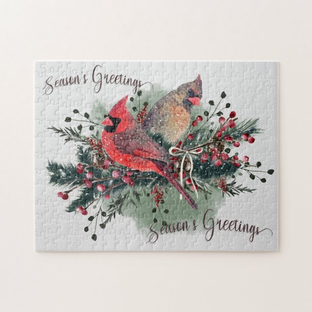 Watercolor Pair of Cardinals Christmas Design Jigsaw Puzzle (Horizontal)