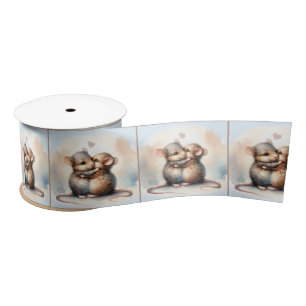 Watercolor Pair of Mice Hugging Satin Ribbon