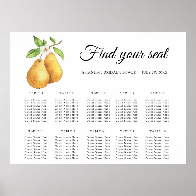 Watercolor pair pears Wedding seating chart (Front)
