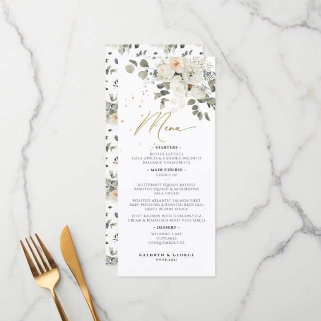 Watercolor Pale Floral Botanical Greenery Wedding Menu (Front/Back In Situ)