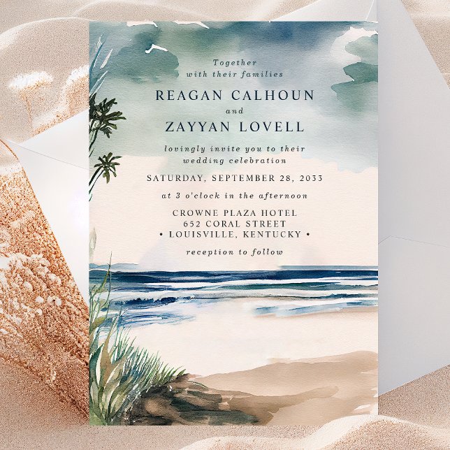 Watercolor Palm And Beach Grass Wedding Invitation (Creator Uploaded)