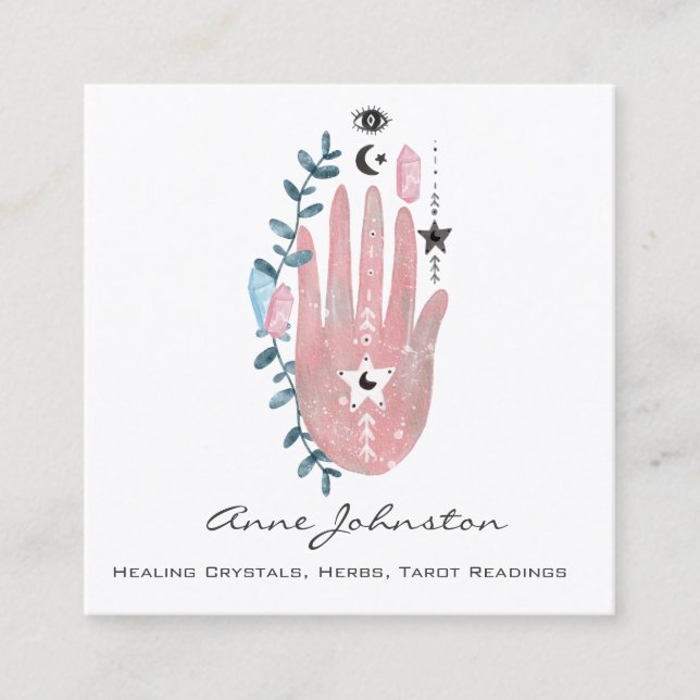 Watercolor Palm and Crystals Square Business Card (Front)