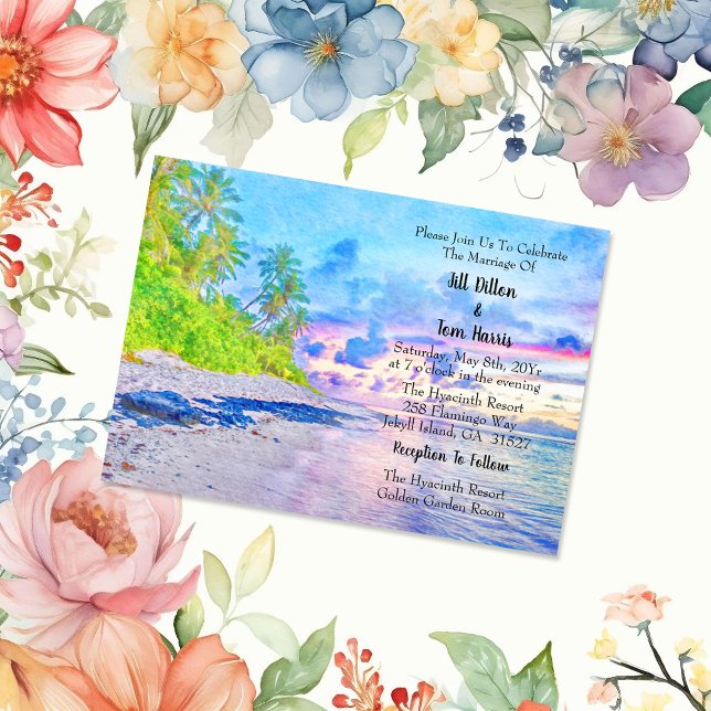 Watercolor Palm Beach Sunset Wedding Invitation (Creator Uploaded)