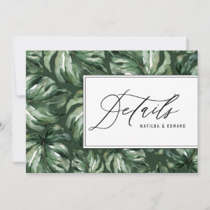 Watercolor palm leaf foliage wedding details announcement