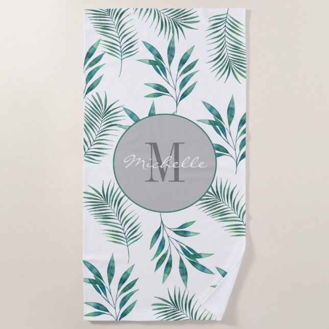 Watercolor Palm Leaves Custom Monogram First Name Beach Towel (Front)