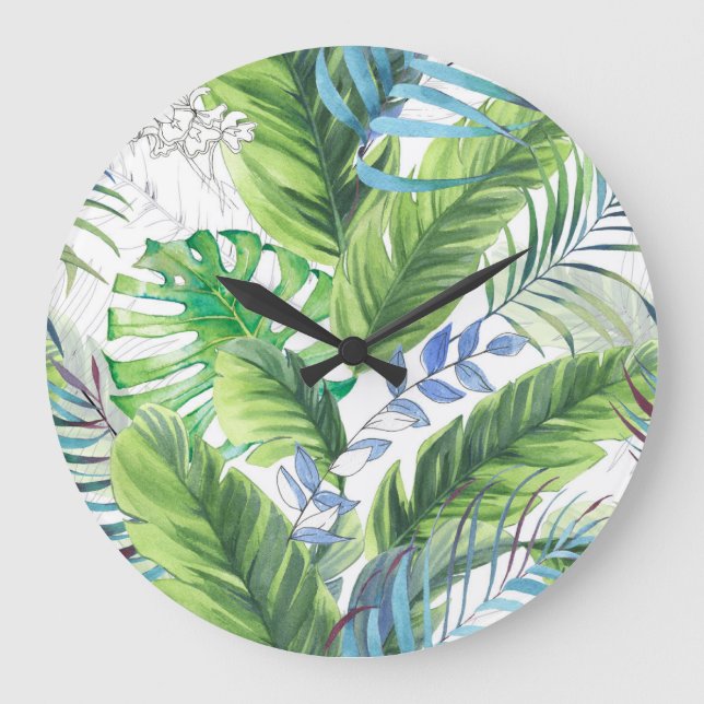 Watercolor palm leaves, exotic seamless background large clock (Front)