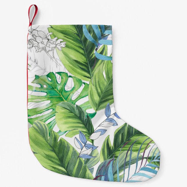 Watercolor palm leaves, exotic seamless background small christmas stocking (Front)