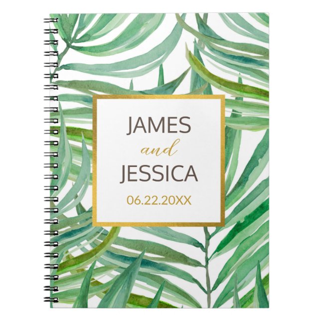 Watercolor Palm Leaves Personalized Wedding Notebook (Front)