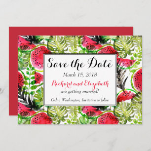Watercolor palm leaves watermelon Save the Date Invitation