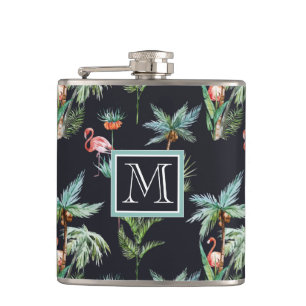 Watercolor Palm Pattern   Add Your Initial Hip Flask