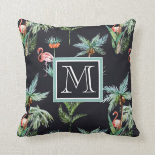 Watercolor Palm Pattern   Add Your Initial Throw Pillow