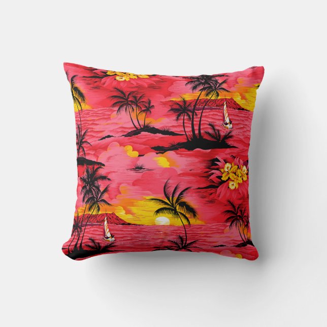 Watercolor palm silhouette and beach pattern throw pillow (Front)