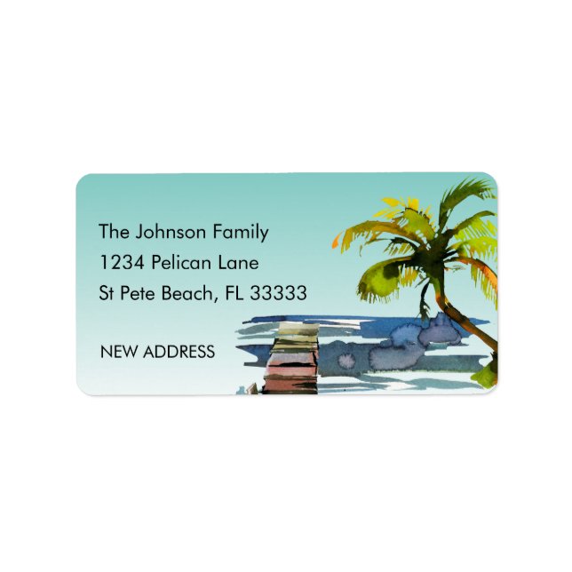 Watercolor Palm Tree Aqua Sky New Address Label (Front)
