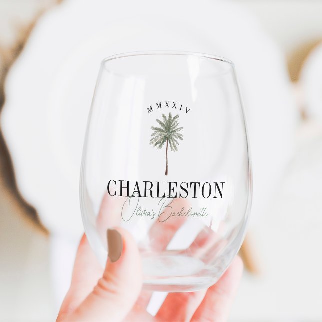 Watercolor Palm Tree Bachelorette Party Stemless Wine Glass (Creator Uploaded)